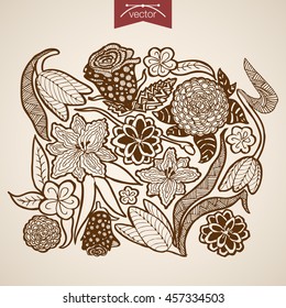 Engraving vintage hand drawn vector natural flower collection. Pencil Sketch tulip, lilies floristic shop illustration.