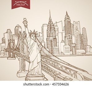 Engraving vintage hand drawn vector New York sights and landmarks. Pencil Sketch Statue of Liberty, Manhattan skyscrapers illustration. Travel to United States concept.