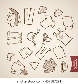 Engraving vintage hand drawn vector winter clothes collection. Pencil Sketch belongings and accessories illustration.