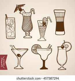 Engraving vintage hand drawn vector cocktails and alcohol bar collection. Pencil Sketch mojito, B52, tequila, bloody Mary short long drink illustration.