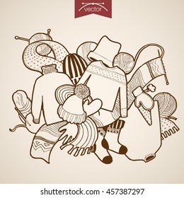Engraving vintage hand drawn vector winter knitted clothes doodle collage. Pencil Sketch hat, pullover, knitting scarf illustration.