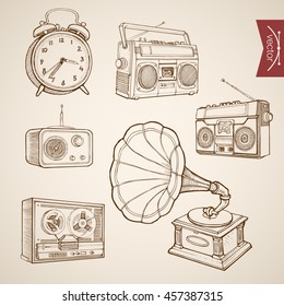 Engraving vintage hand drawn vector music and sound retro equipment collection. Pencil Sketch Gramophone, Tape recorder, Radio, Clock illustration.