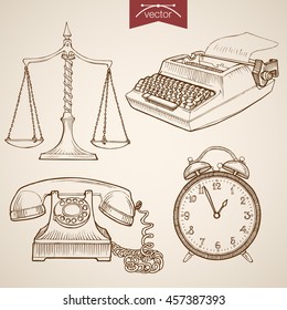 Engraving vintage hand drawn vector Law and Justice collection. Pencil Sketch Judge trial Libra, Phone, Clock, Typewriter illustration.