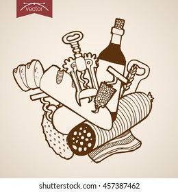 Engraving vintage hand drawn vector party snack doodle collage. Pencil Sketch cucumber, beacon, ear, wheat, wine food beverages illustration.