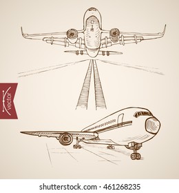 Engraving vintage hand drawn vector Air transport collection. Pencil Sketch plane transportation illustration.