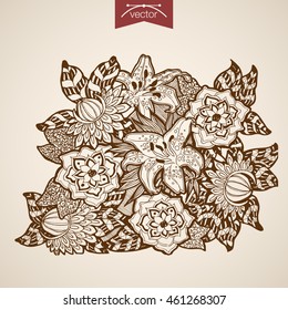 Engraving vintage hand drawn vector Flower bouquet. Pencil Sketch lilies floristic shop illustration.