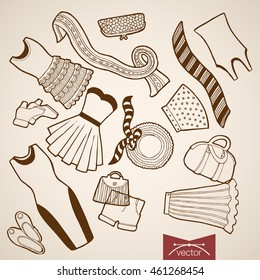 Engraving vintage hand drawn vector Shoes, dress, skirt, bag, sweeter, hat, jacket woman clothes collection. Pencil Sketch belongings and accessories illustration.