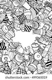 Engraving vintage hand drawn vector Fast Food mix doodle collage with copyspace. Pencil Sketch fries, soda, burger, ice cream illustration.