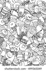 Engraving vintage hand drawn vector Fast Food mix doodle collage. Pencil Sketch fries, soda, burger, ice cream illustration.