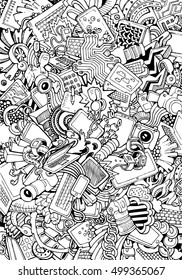 Engraving vintage hand drawn vector Devices and accessories doodle collage. Pencil Sketch computer, laptop, tablet, smartphone, camera, headphones, keyboard and clock illustration.
