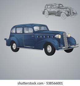 Engraving vintage hand drawn vector retro car. Pencil Sketch wheeled transport illustration.
