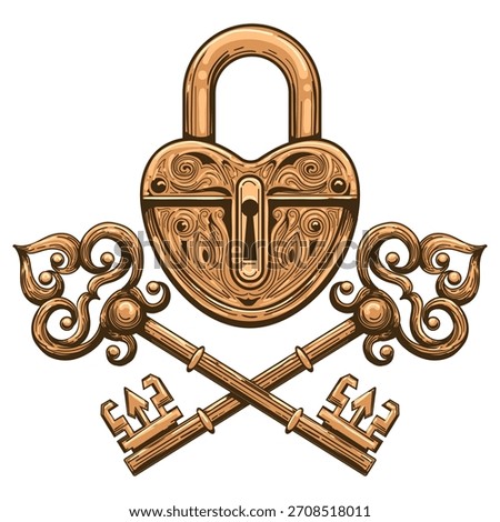 Engraving vintage lock and two keys. Retro padlock and key vector illustration