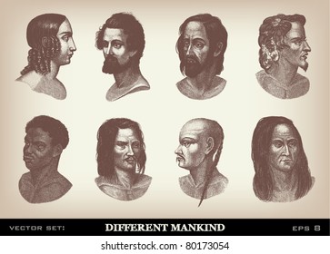 Engraving vintage Mankind set from "The Complete encyclopedia of illustrations" containing the original illustrations of The iconographic encyclopedia of science, literature and art, 1851. Vector.