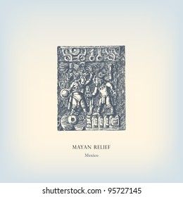 Engraving vintage Mayan relief from "The Complete encyclopedia of illustrations" containing the original illustrations of The iconographic encyclopedia of science, literature and art, 1851. Vector.