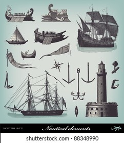 Engraving vintage Nautical set from "The Complete encyclopedia of illustrations" containing the original illustrations of The iconographic encyclopedia of science, literature and art, 1851. Vector.