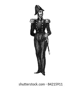 Engraving vintage officer man from "The Complete encyclopedia of illustrations" containing the illustrations of The iconographic encyclopedia of science, literature and art, 1851. Vector.