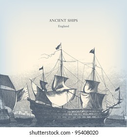 Engraving vintage old Ships from "The Complete encyclopedia of illustrations" containing the original illustrations of The iconographic encyclopedia of science, literature and art, 1851. Vector.