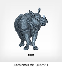Engraving vintage Rhino from "The Complete encyclopedia of illustrations" containing the original illustrations of The iconographic encyclopedia of science, literature and art, 1851. Vector.