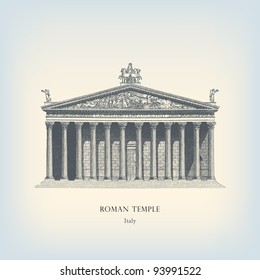 Engraving vintage Roman temple from "The Complete encyclopedia of illustrations" containing the original illustrations of The iconographic encyclopedia of science, literature and art, 1851. Vector.