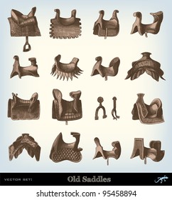 Engraving vintage Saddle set illustrations.