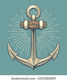 Engraving vintage ship anchor. Boat armature colored old school style tattoo design element isolated vector illustration