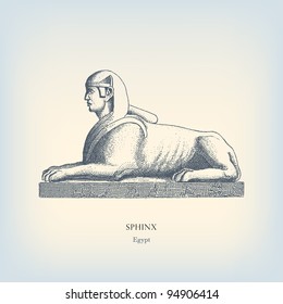 Engraving vintage sphinx of Egypt from "The Complete encyclopedia of illustrations" containing the original illustrations of The iconographic encyclopedia of science, literature and art, 1851.