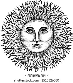Engraving vintage sun illustration in flower shape with face. Sun in old retro outline style, vector illustration
