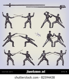 Engraving vintage swordsman set from "The Complete encyclopedia of illustrations" containing the original illustrations of The iconographic encyclopedia of science, literature and art, 1851. Vector.