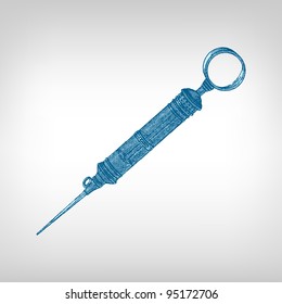 Engraving vintage syringe from "The Complete encyclopedia of illustrations" containing the original illustrations of The iconographic encyclopedia of science, literature and art, 1851. Vector.