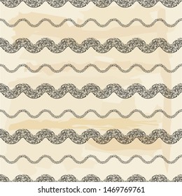 Engraving. The waves of the sea. Seamless pattern of hand drawn linear hatching. Mosaic of ethnic figures. Old paper. Vector illustration. Can be used for wallpaper, textile, card, wrapping.