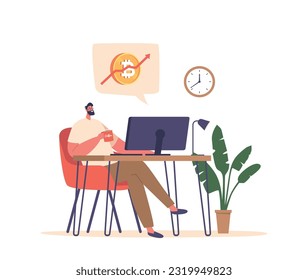 Engrossed At His Desk, Man Character Sips Coffee While Monitoring A Computer Screen Displaying A Rising Cryptocurrency