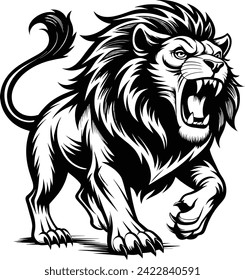 Engry lion roar side view illustration.