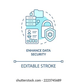 Mejore el icono de concepto turquesa de seguridad de datos. Beneficio de la ilustración de línea delgada de la idea abstracta ERP específica de la industria. Dibujo de contorno aislado. Trazo editable. Fuentes Arial, Myriad Pro-Bold utilizadas