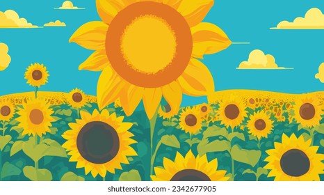 Mejora los diseños con el patrón vectorial Campos de girasol modificables y personalizables. Flores de sol vibrantes en filas sobre un fondo amarillo soleado. Perfecto para proyectos de verano, decoración e impresiones.