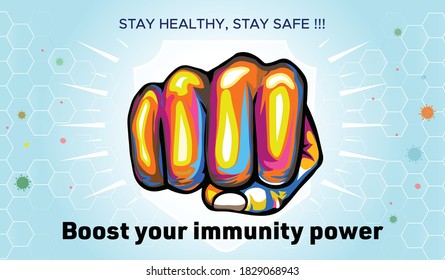 enhance Immunity. covid 19 corona virus pandemic and boost your Immune Power, Strong immunity booster concept, against pandemic and plus icon with hand punch, concept idea