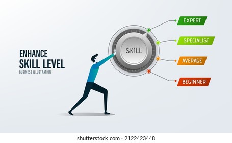 Aumentar la capacidad de nivel. Aumento del nivel de habilidades. Empresario convirtiendo el control de habilidades en un puesto de experto. Concepto de conocimiento profesional o educativo.