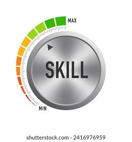 Enhance level skill. Increasing Skills Level. Metallic round button. Skill Level Training, Skills Enhancement and Professional Development. Vector illustration