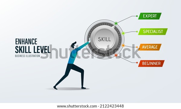 Enhance level skill. Increasing Skills Level.\
Businessman turning skill knob to expert position. Concept of\
professional or educational\
knowledge.