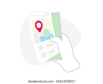 Mejore la clasificación local y la presencia en línea con SEO local. Optimizar para clientes cercanos e impulsar el negocio fuera de línea. Ilustración de vectores con teléfono de mano y reseñas locales en búsquedas de mapas