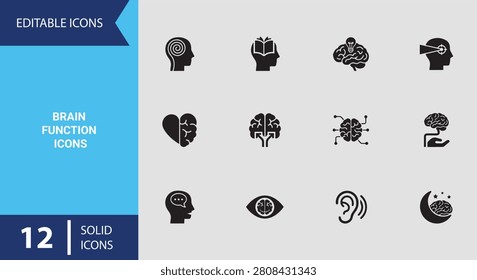 Enhance medical presentations with this brain function icons solid icon set illustrating smart intellect thoughts mind power and psychology concepts for modern applications