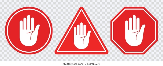 "Enhance safety visuals with our Red Stop Sign Vector. Clear symbol featuring a big hand icon. Ideal for traffic-related designs."