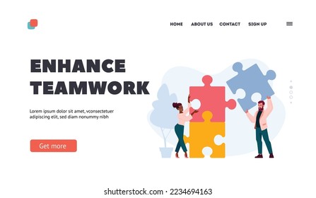 Enhance Teamwork Landing Page Template. Office People Work Together Connect Huge Colorful Separated Puzzle Pieces. Businesspeople Coworking, Teamwork, Partnership. Cartoon Vector Illustration