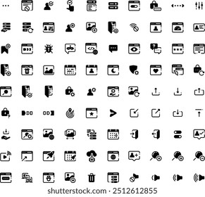 Aprimore projetos da Web e da interface do usuário com este conjunto de ícones: navegador, senha, trabalho remoto, pesquisa, painel, alternância, codificação e muito mais. Otimize o desempenho, a segurança e a experiência do usuário com esses ícones intuitivos.