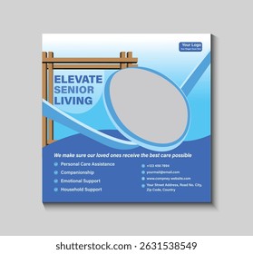 Enhance your brand with this stylish social media post template for senior living. Perfect for showcasing vibrant lifestyles, quality care, and modern retirement community services.