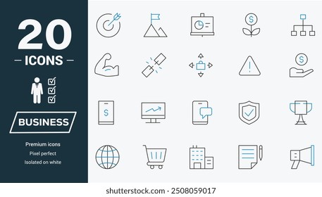 Enhance your business visual identity with our Business set 20 carefully crafted symbols for finance, management, marketing, and more. Perfect for presentations, reports, and websites. Boost clarity 