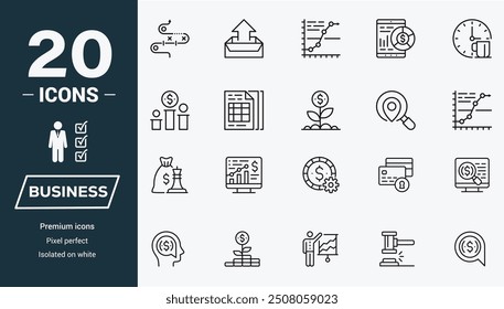 Enhance your business visual identity with our Business set 20 carefully crafted symbols for finance, management, marketing, and more. Perfect for presentations, reports, and websites. Boost clarity 