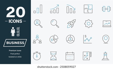 Enhance your business visual identity with our Business set 20 carefully crafted symbols for finance, management, marketing, and more. Perfect for presentations, reports, and websites. Boost clarity 