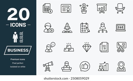 Enhance your business visual identity with our Business set 20 carefully crafted symbols for finance, management, marketing, and more. Perfect for presentations, reports, and websites. Boost clarity 