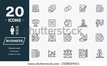 Enhance your business visual identity with our Business set 20 carefully crafted symbols for finance, management, marketing, and more. Perfect for presentations, reports, and websites. Boost clarity 