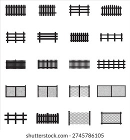 Enhance your creative projects with this premium collection of vector fence silhouette icons. Featuring versatile picket, industrial chain-link, and rustic farm rail styles, these high-quality graphics are perfect for architectural diagrams, landscape property branding, and professional web design layouts.